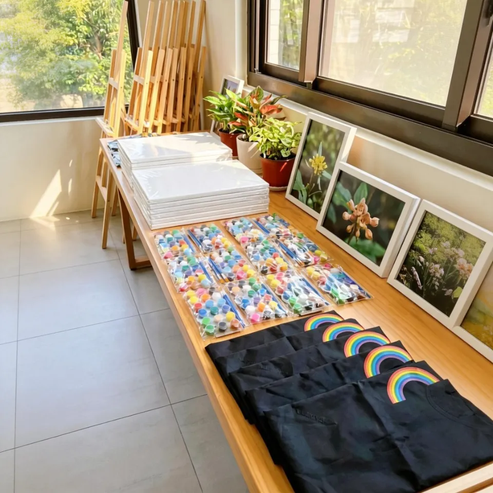 工作坊場地——畫架、畫布、顏料、自然照片一字排開，陽光灑入